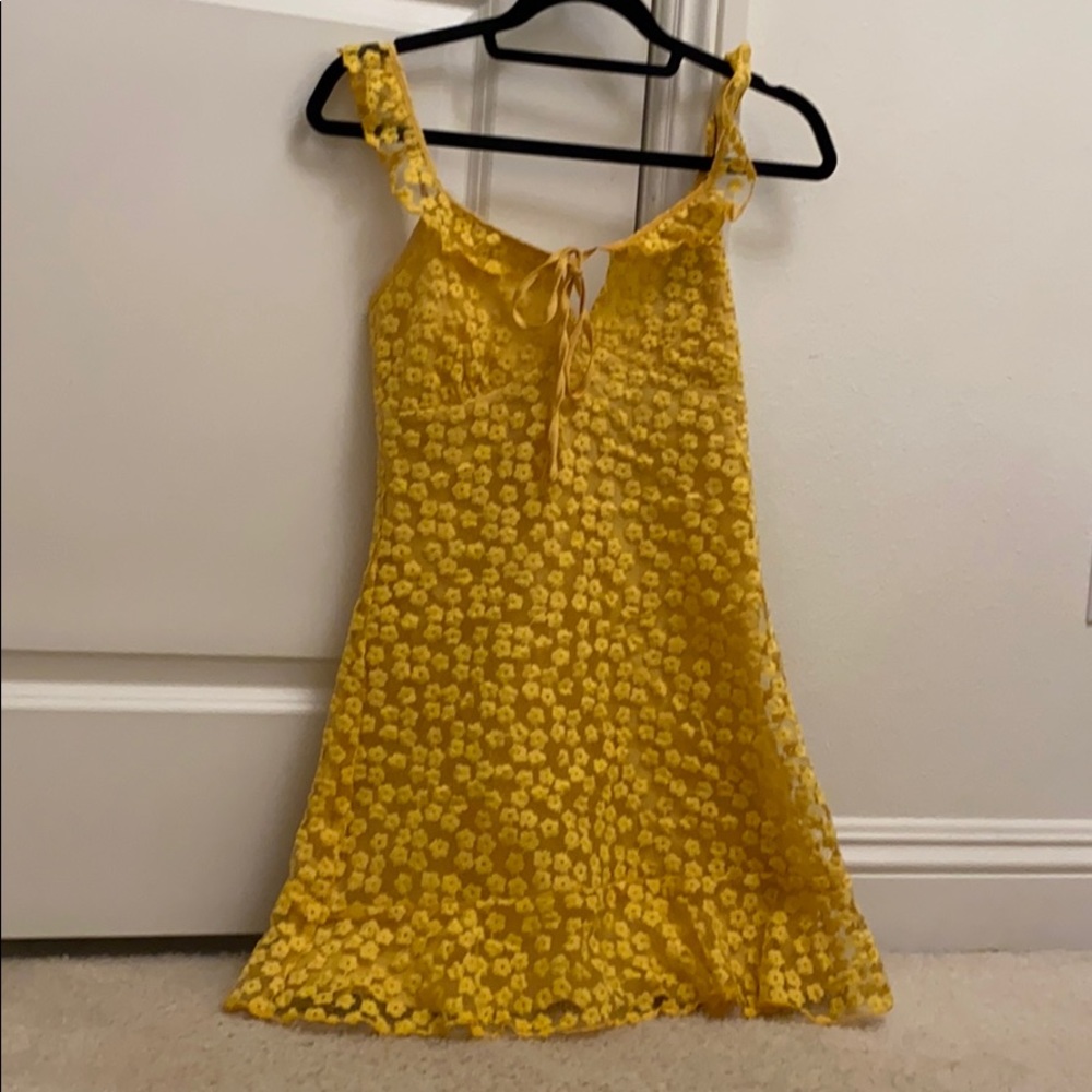 yellow dress with floral mesh overlay